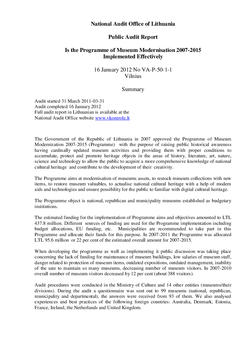 Is the Programme of Museum Modernisation 2007-2015 Implemented Effectively