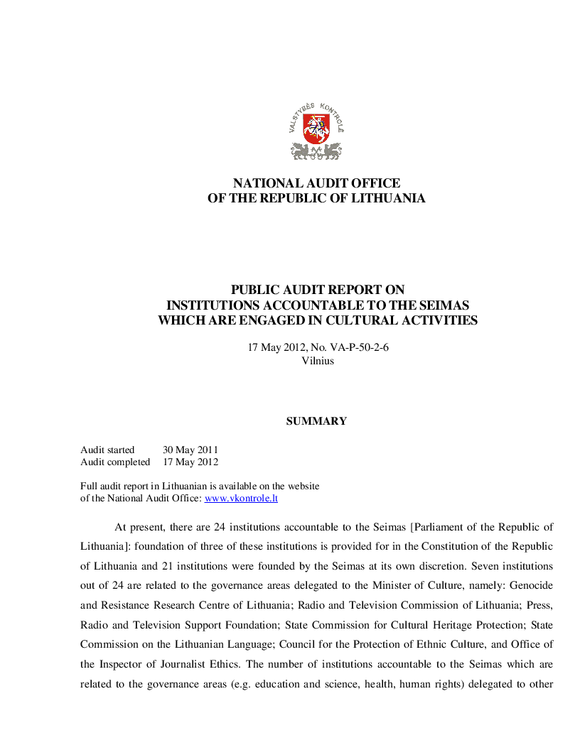 Institutions Accountable to the Seimas which are Engaged in Cultural Activities