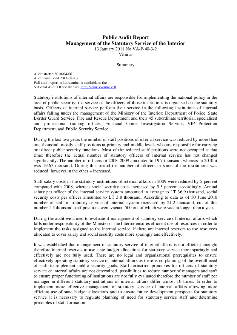 Management of the Statutory Service of the Interior