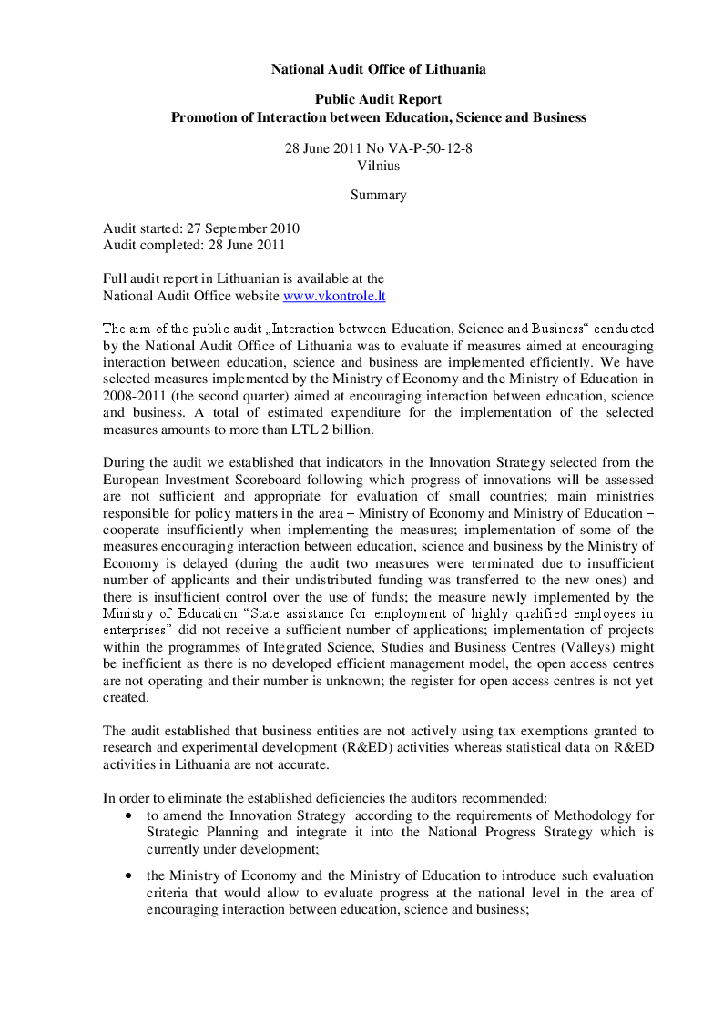 Promotion of Interaction Between Education, Science and Business