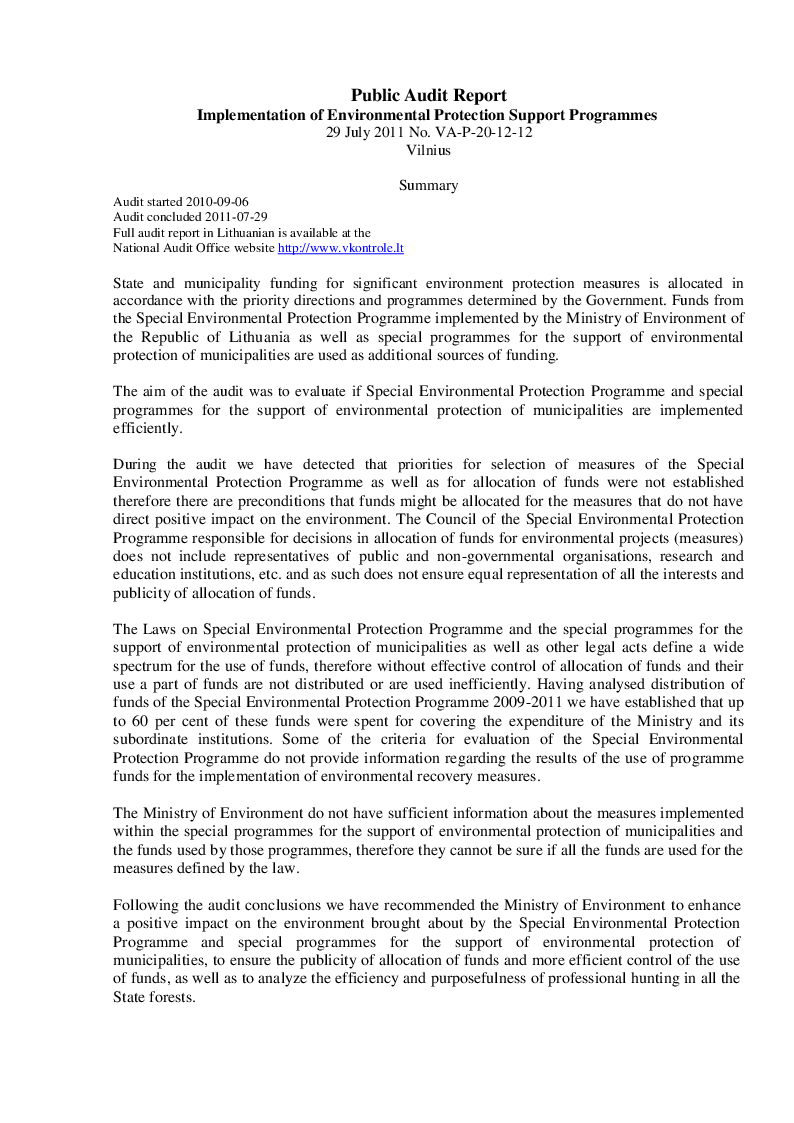 Implementation of Environmental Protection Support Programmes