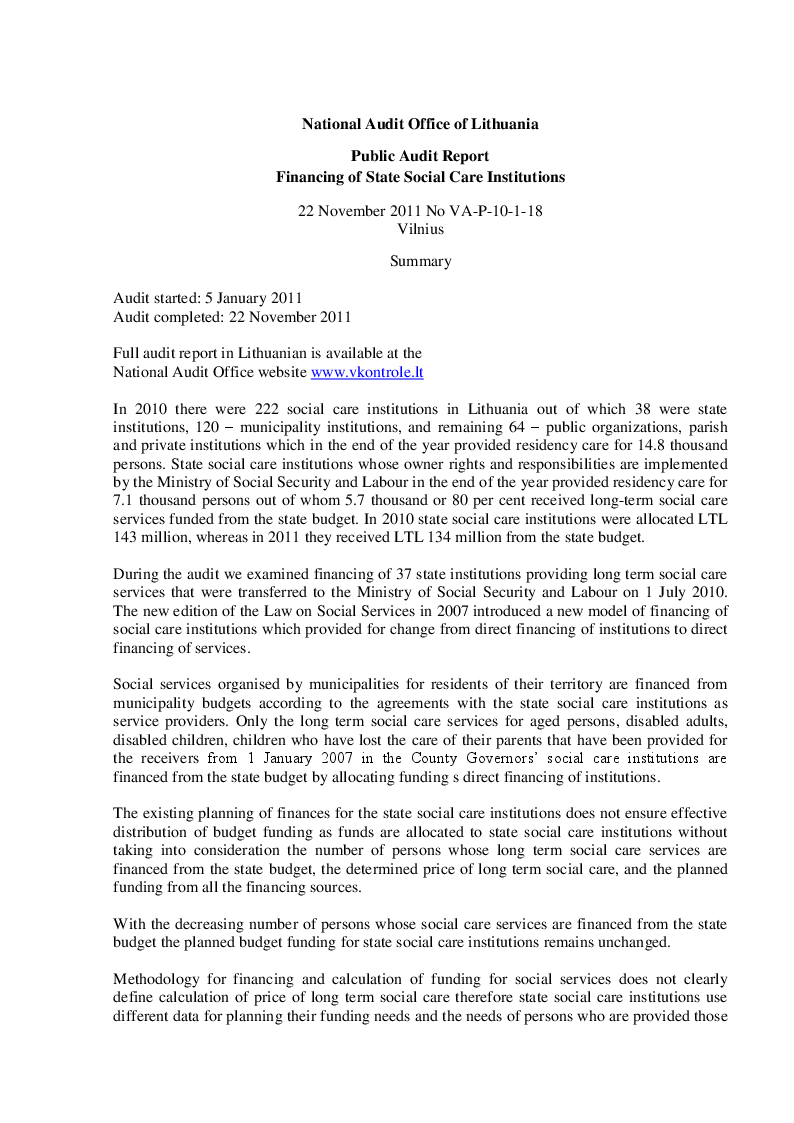 Financing of State Social Care Institutions