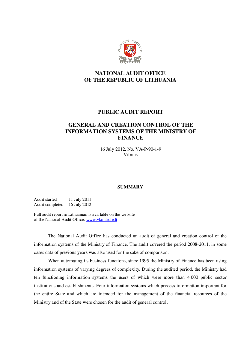 General and Creation Control of the Information Systems of the  Ministry of Finance