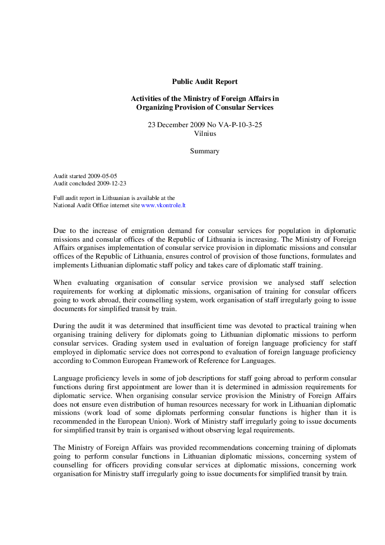 Activities of the Ministry of Foreign Affairs in organizing provision of consular services