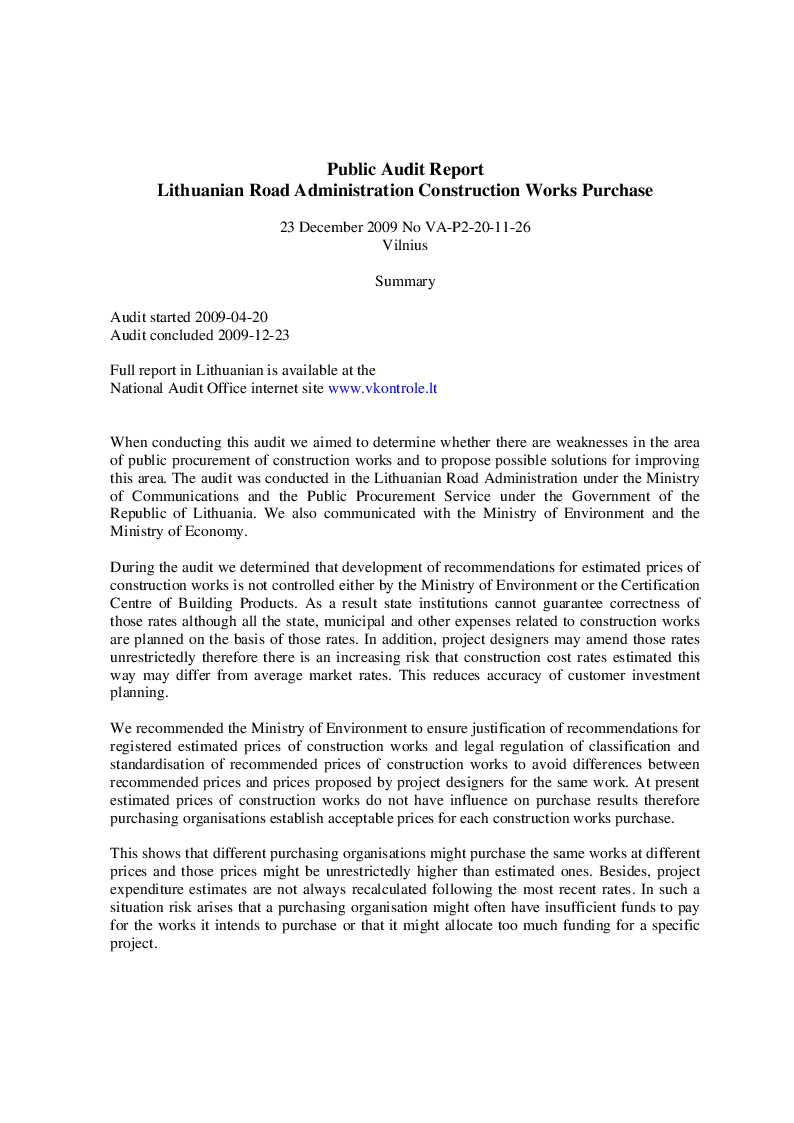 Lithuanian Road Administration Construction Works Purchase