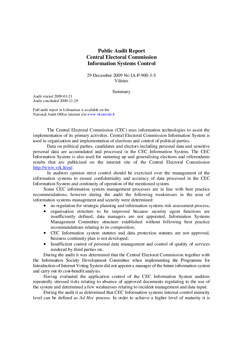 Central Electoral Commission Information Systems Control