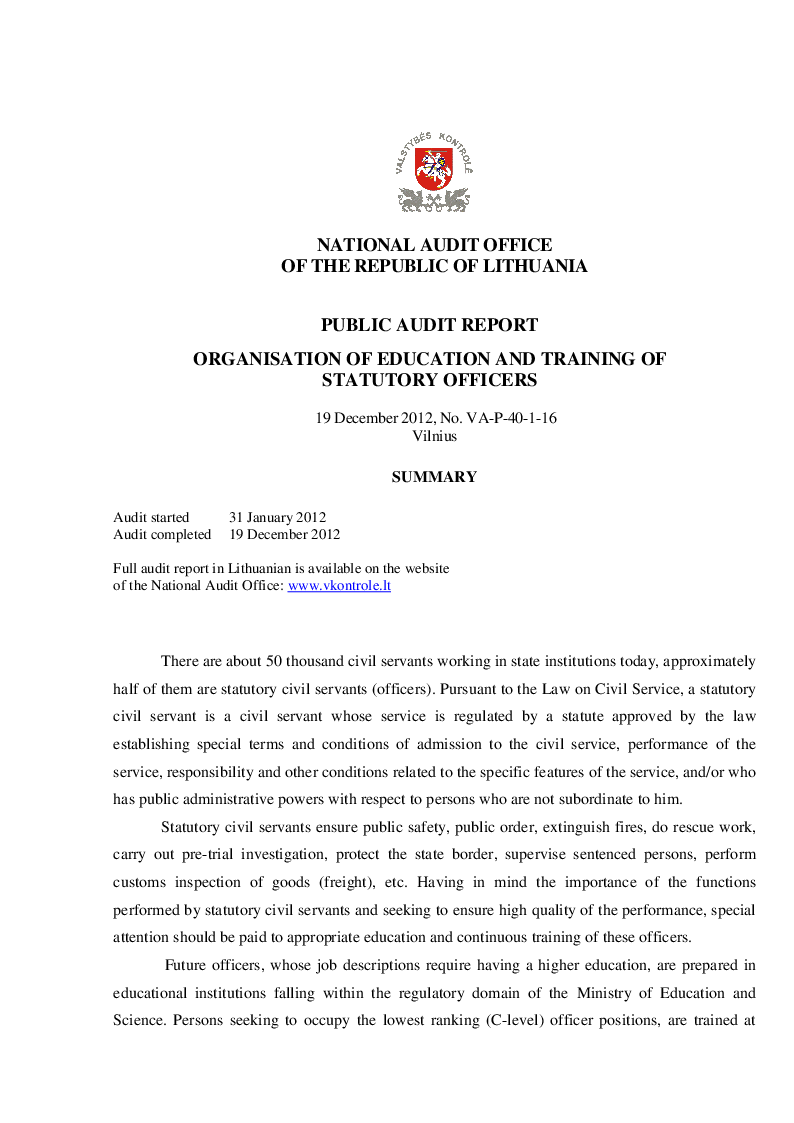 Organisation of Education and Training of Statutory Officers