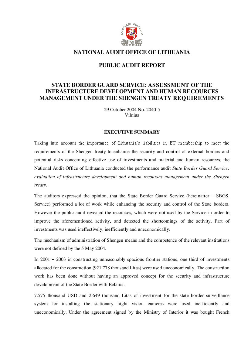 State Border Guard Service: Evaluation of Infrastructure Development and Management of Human Resources According to the Requirements of the Schengen Treaty
