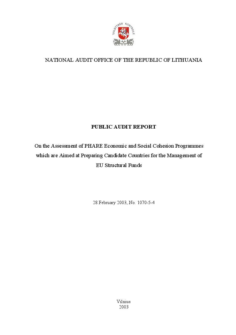Assessment of PHARE Economic and Social Cohesion Programmes Aimed at Preparing Candidate Countries for the Management of EU Structural Funds