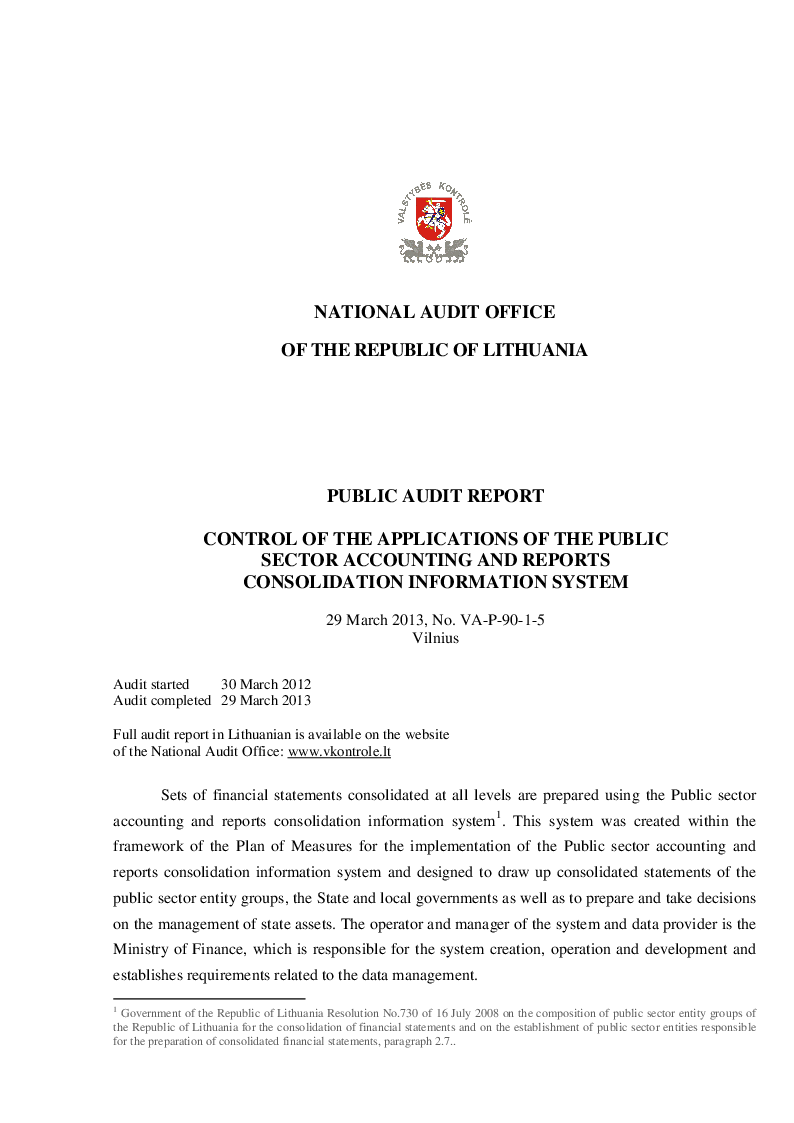 Control of the applications of the Public sector accounting and reports consolidation information system
