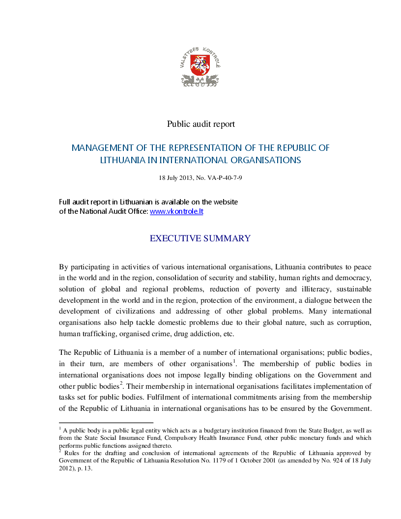 Management of the representation of the Republic of Lithuania in international organisations