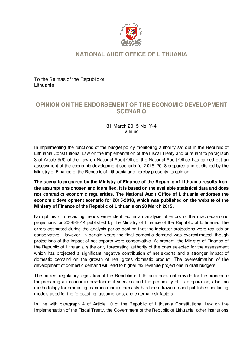 Opinion on the Endorsement of the Economic Development Scenario