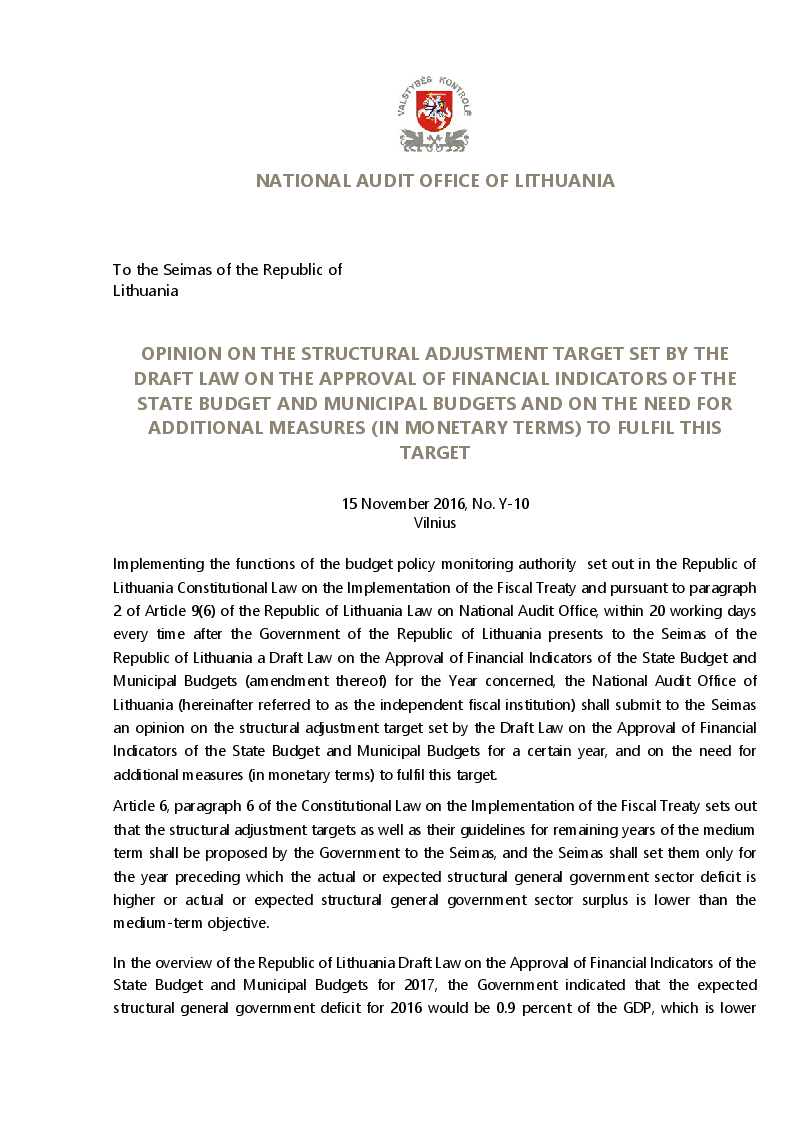 Opinion on the Structural Adjustment Target Set by the Draft Law on the Approval of Financial Indicators of the State Budget and Municipal Budgets and on the Need for additional Measures (in Monetary Terms) to Fulfil this Target