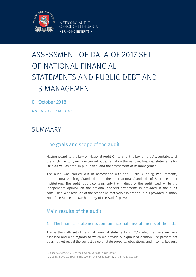 Assessment of data of 2017 set of national financial statements and public debt and its management