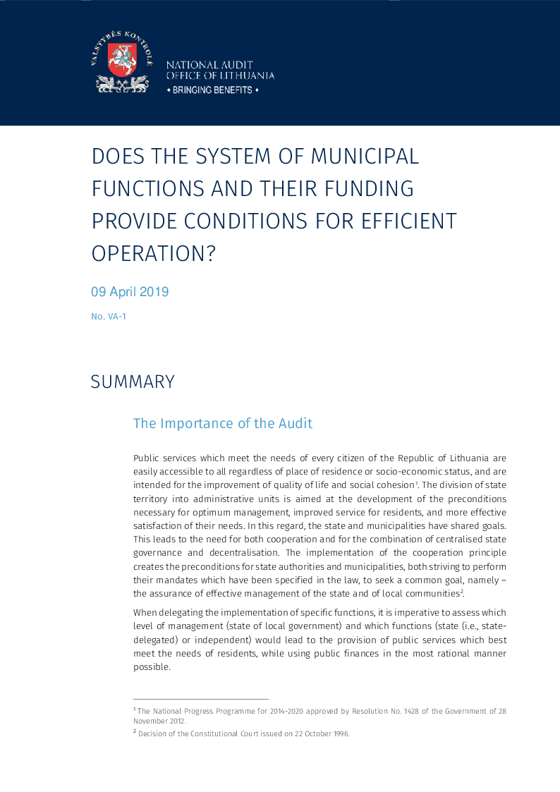 Does the System of Municipal Functions and their Funding Provide Conditions for Efficient Operation?