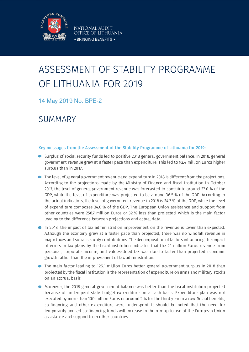 Key messages from the Assessment of the Stability Programme of Lithuania for 2019