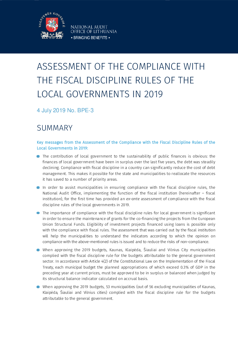 Key messages from the Assessment of the Compliance with the Fiscal Discipline Rules of the Local Governments in 2019