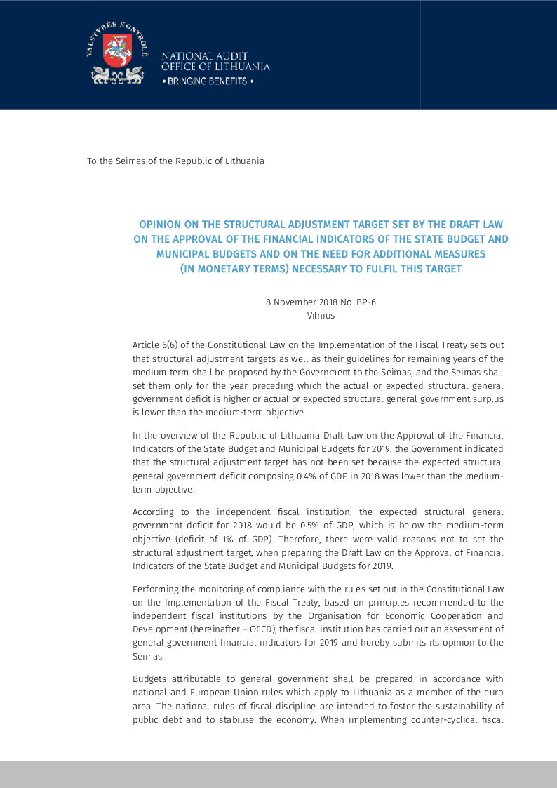 Opinion on the Structural Adjustment Target Set by the Draft Law on the Approval of Financial Indicators of the State Budget and Municipal Budgets and on the Need for Additional Measures (in Monetary Terms) Necessary to Fulfil this Target