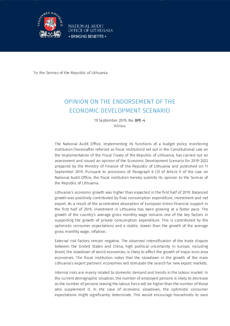 Opinion on the Endorsement of Economic Development Scenario