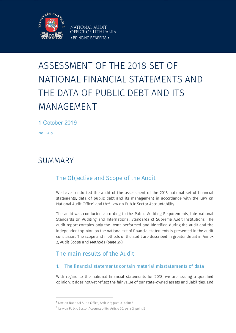 Assessment of 2018 set of national financial statements and data of public debt and its management