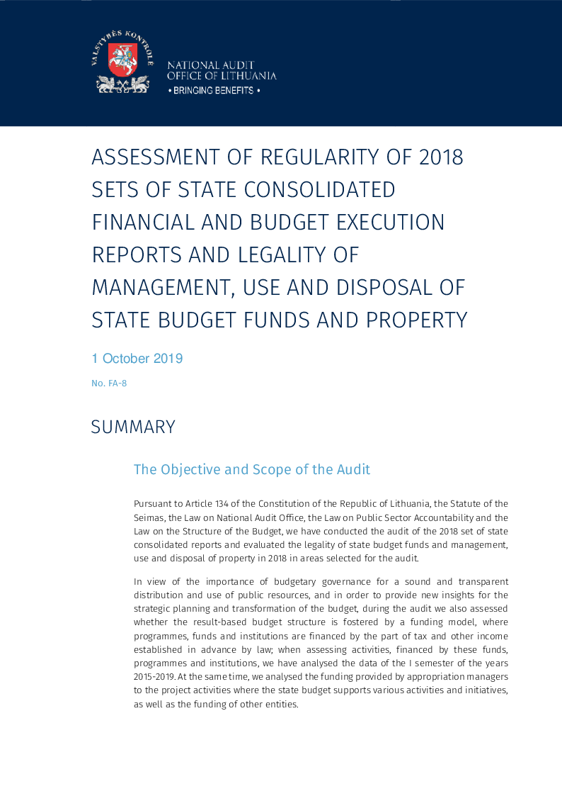 Assessment of regularity of 2018 sets of state consolidated financial and budget execution reports and legality of management, use and disposal of state budget funds and property