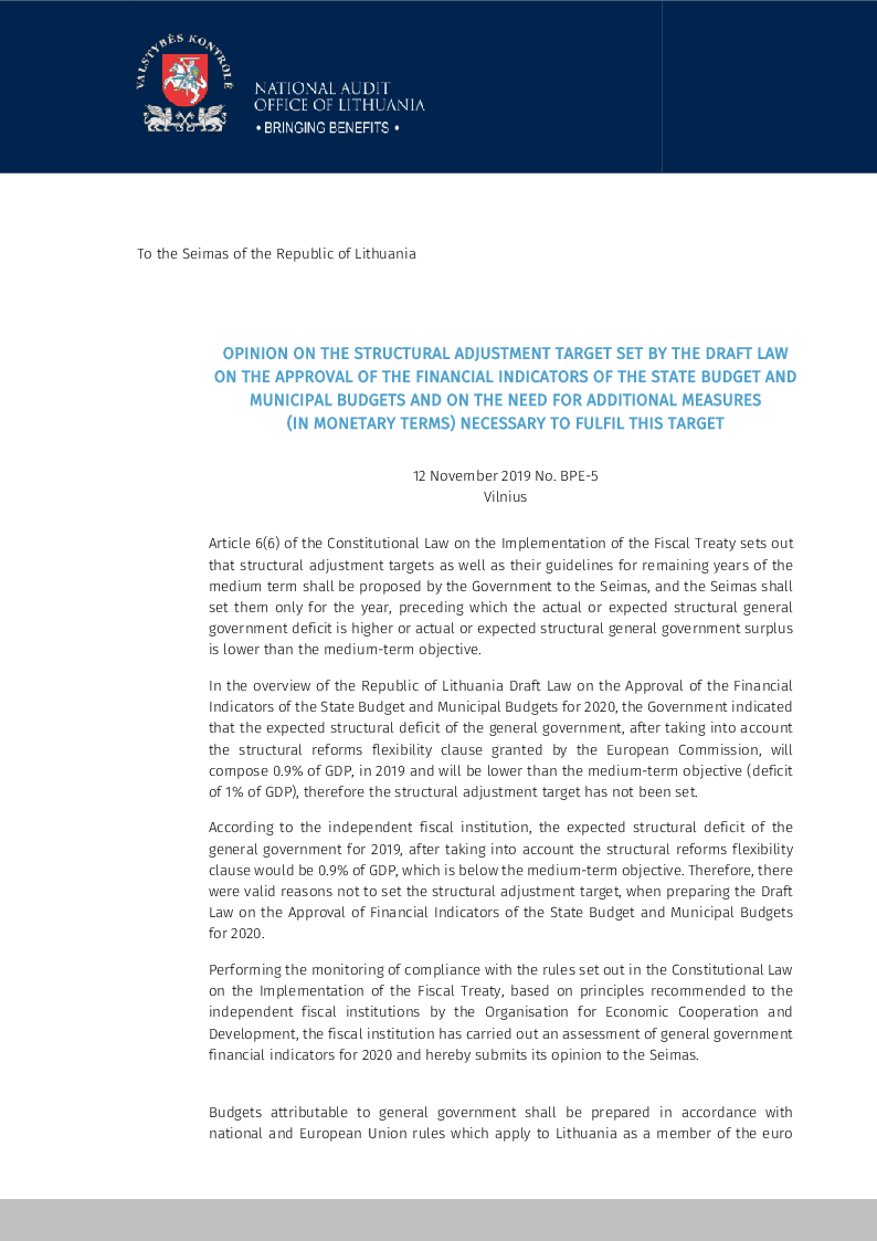 Opinion on the Structural Adjustment Target Set by the Draft Law on the Approval of Financial Indicators of the State Budget and Municipal Budgets and on the Need for Additional Measures (in Monetary Terms) Necessary to Fulfil this Target