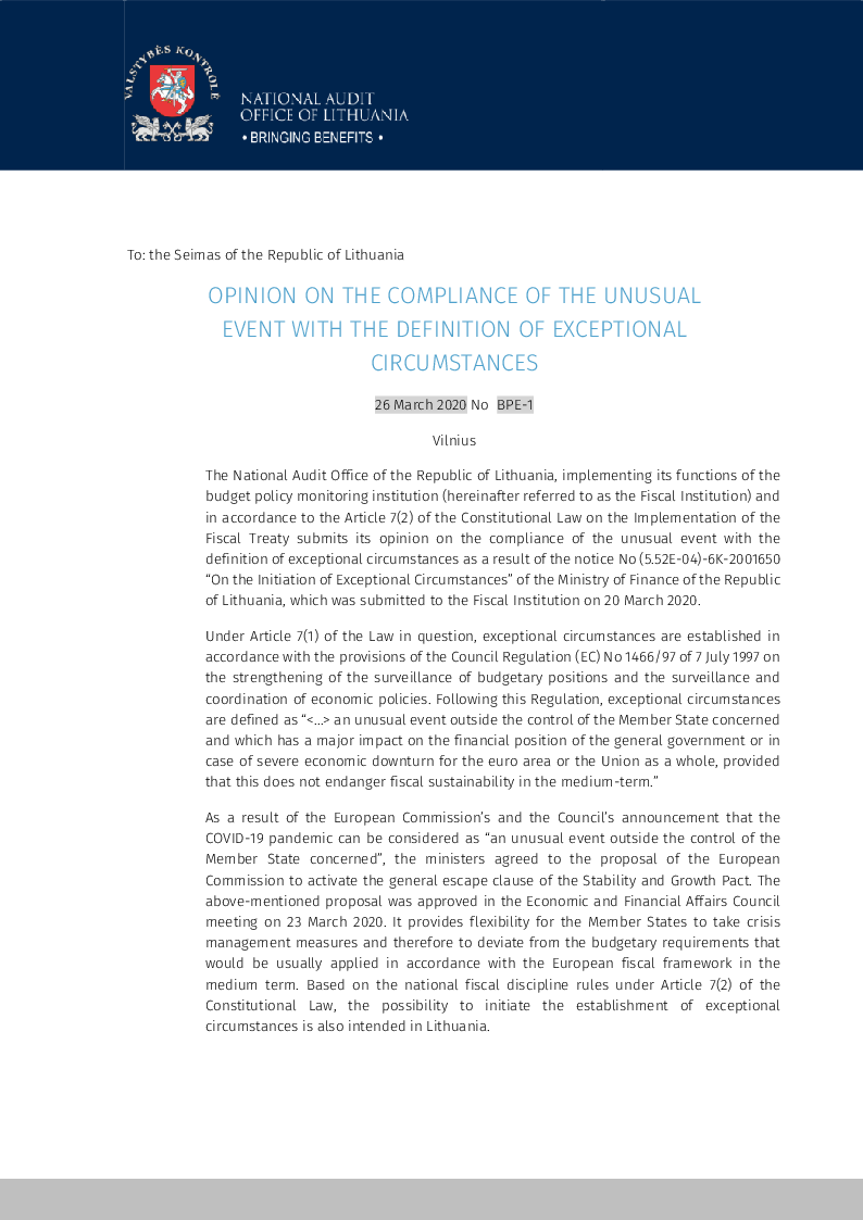 Opinion on the Compliance of the Unusual Event with the Definition of Exceptional Circumstances