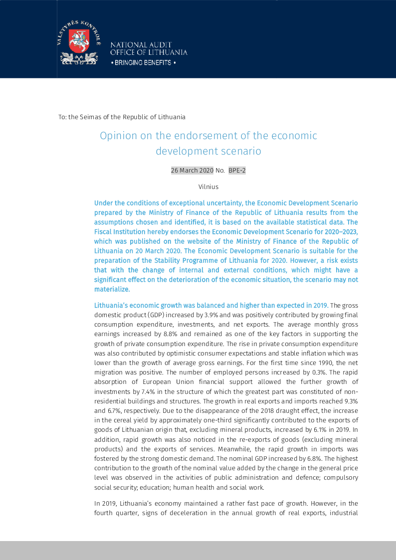 Opinion on the Endorsement of the Economic Development Scenario