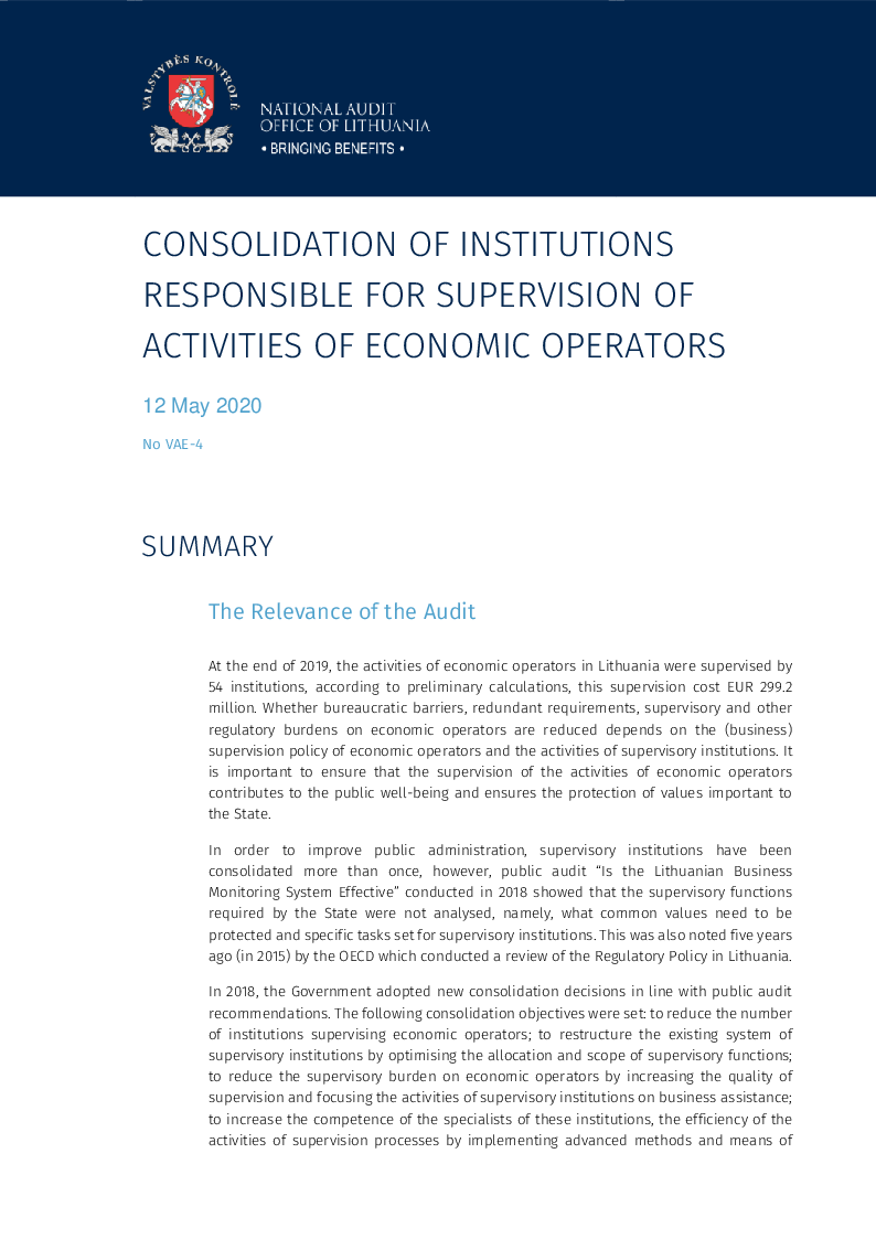 Consolidation of Institutions Responsible for Supervision of Activities of Economic Operators