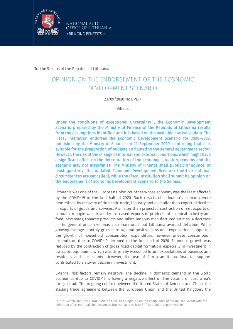 Opinion on the Endorsement of the Economic Development Scenario