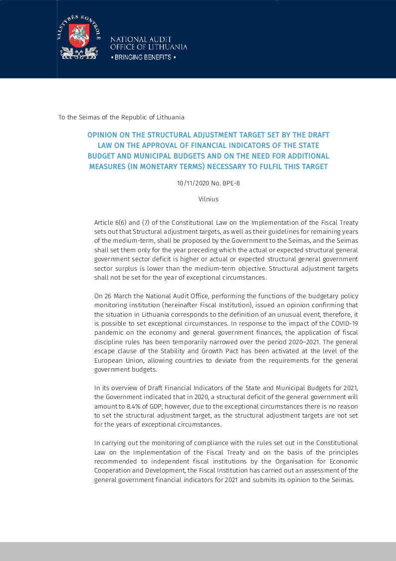 Opinion on the Structural Adjustment Target Set by the Draft Law on the Approval of Financial Indicators of the State Budget and Municipal Budgets and on the Need for Additional Measures (in Monetary Terms) Necessary to Fulfil this Target