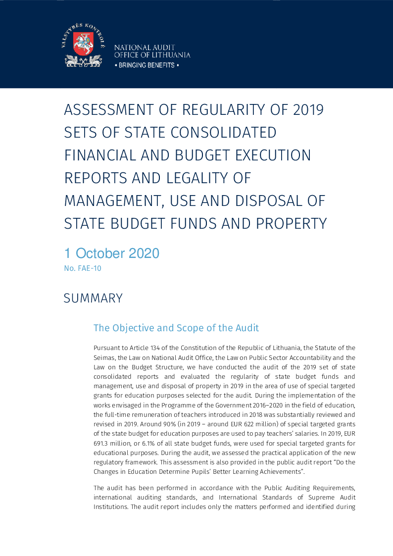 Assessment of regularity of 2019 sets of state consolidated financial and budget execution reports and legality of management, use and disposal of state budget funds and property