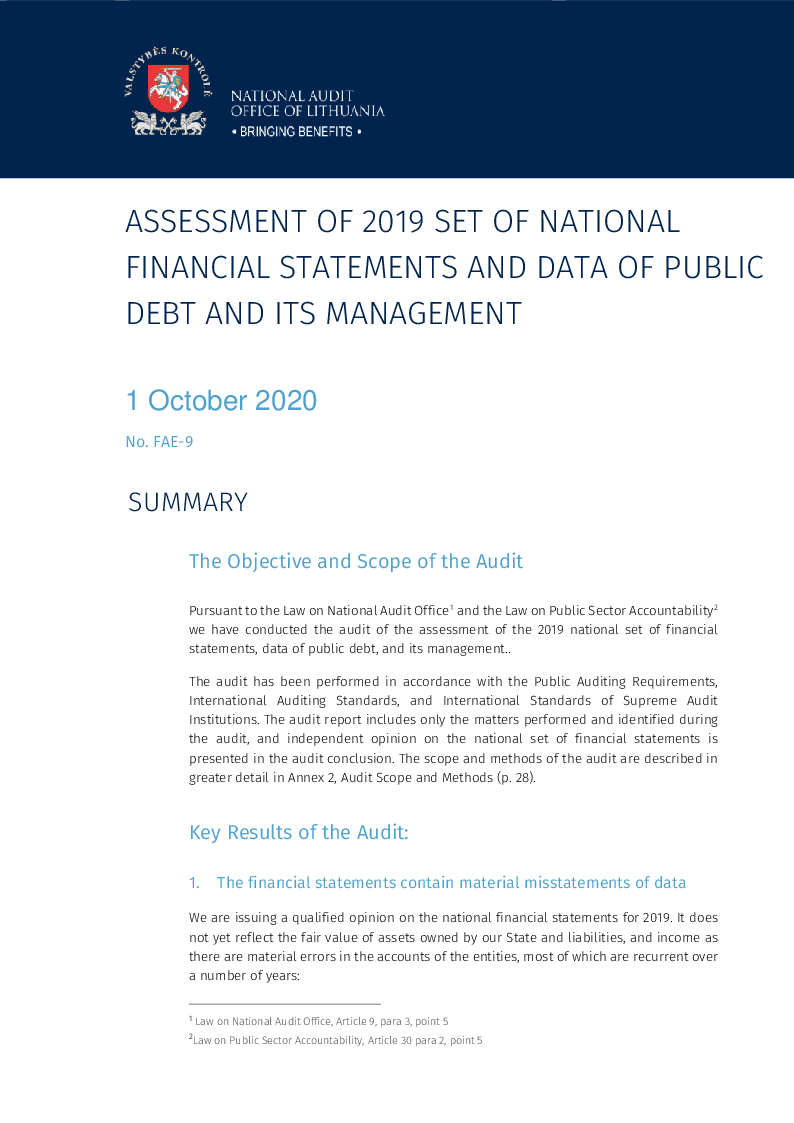 Assessment of 2019 set of national financial statements and data of public debt and its management