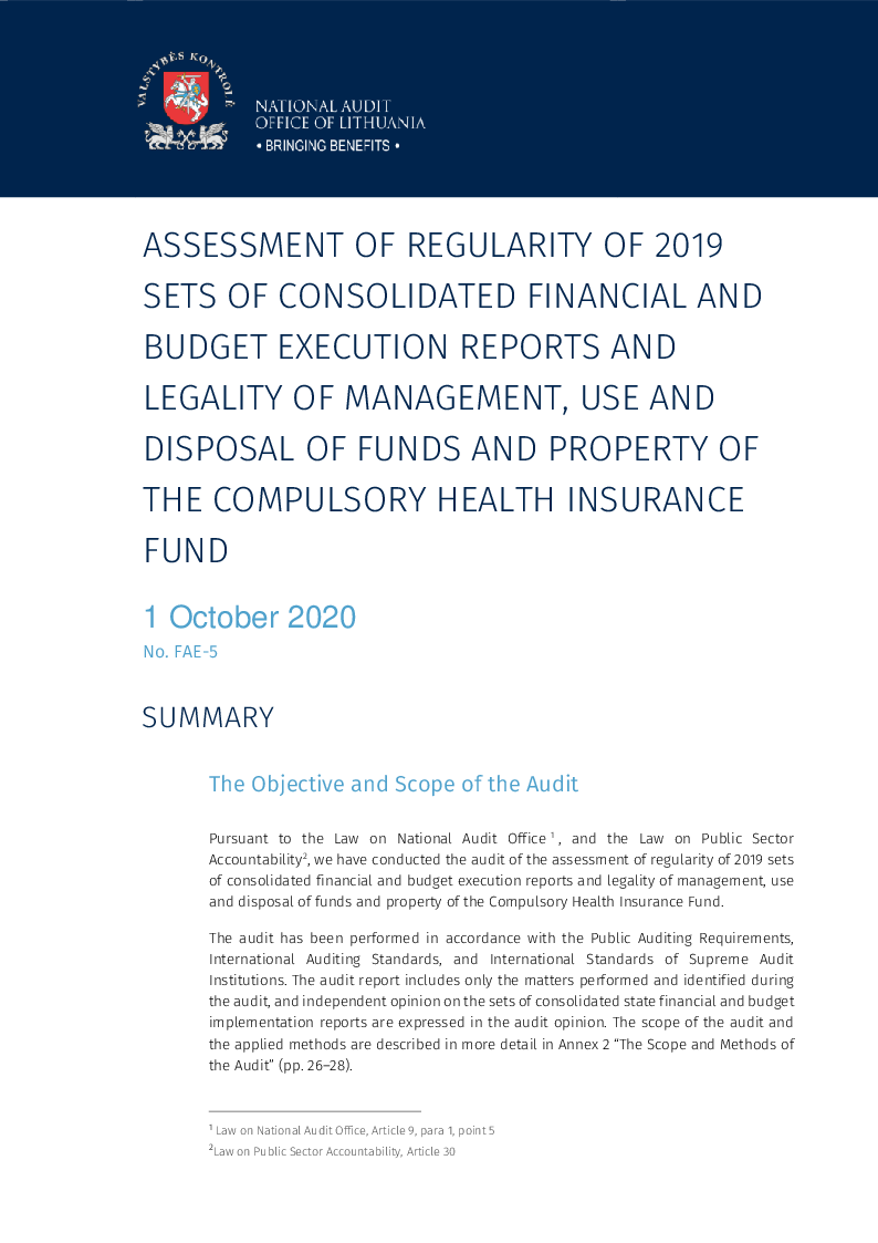 Assessment of regularity of 2019 sets of consolidated financial and budget execution reports and legality of management, use and disposal of funds and property of the Compulsory Health Insurance Fund