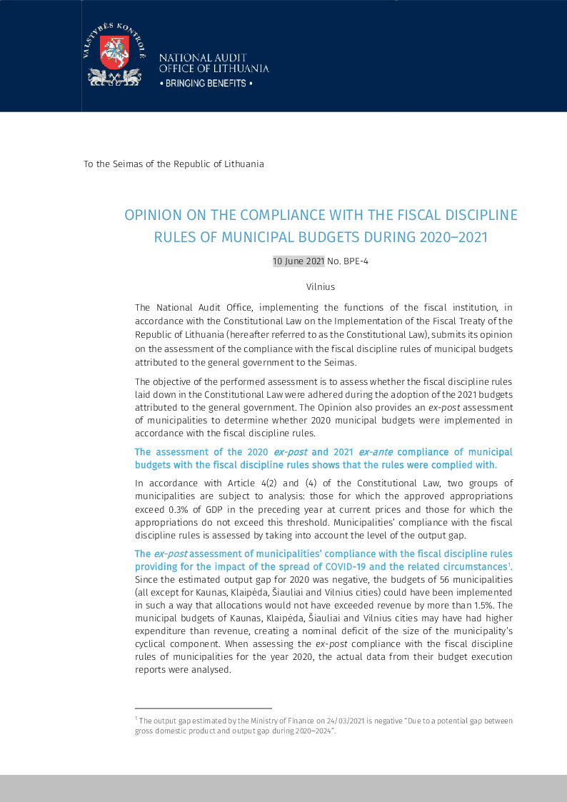 Opinion on the compliance with the fiscal discipline rules of municipal budgets during 2020-2021