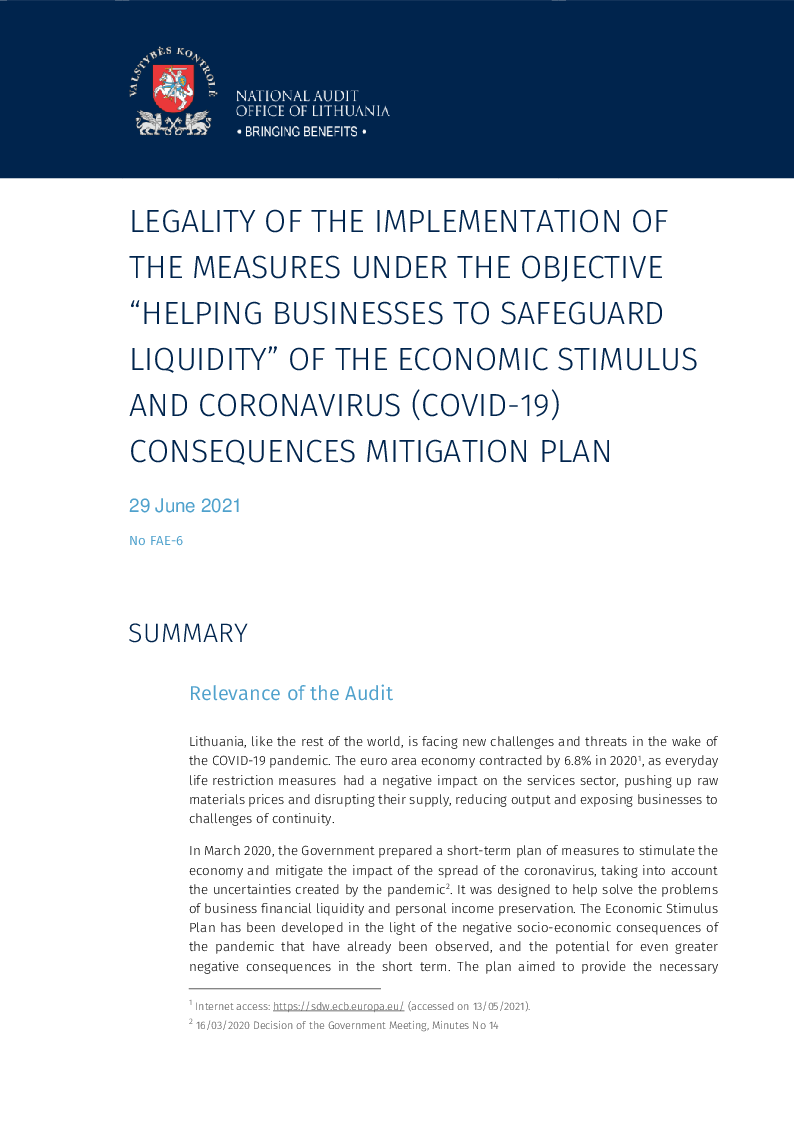 Legality of the implementation of the measures under the objective “Helping businesses to safeguard liquidity“ of the Economic Stimulus and Coronavirus (COVID-19) Consequences Mitigation Plan