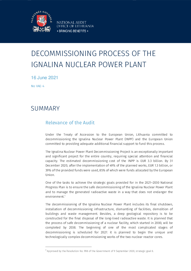 Decommissioning process of the Ignalina Nuclear Power Plant