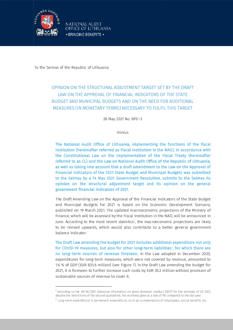 Opinion on the Structural Adjustment Target Set by the Draft Law on the Approval of Financial Indicators of the State Budget and Municipal Budgets and on the Need for Additional Measures (in Monetary Terms) Necessary to Fulfil this Target