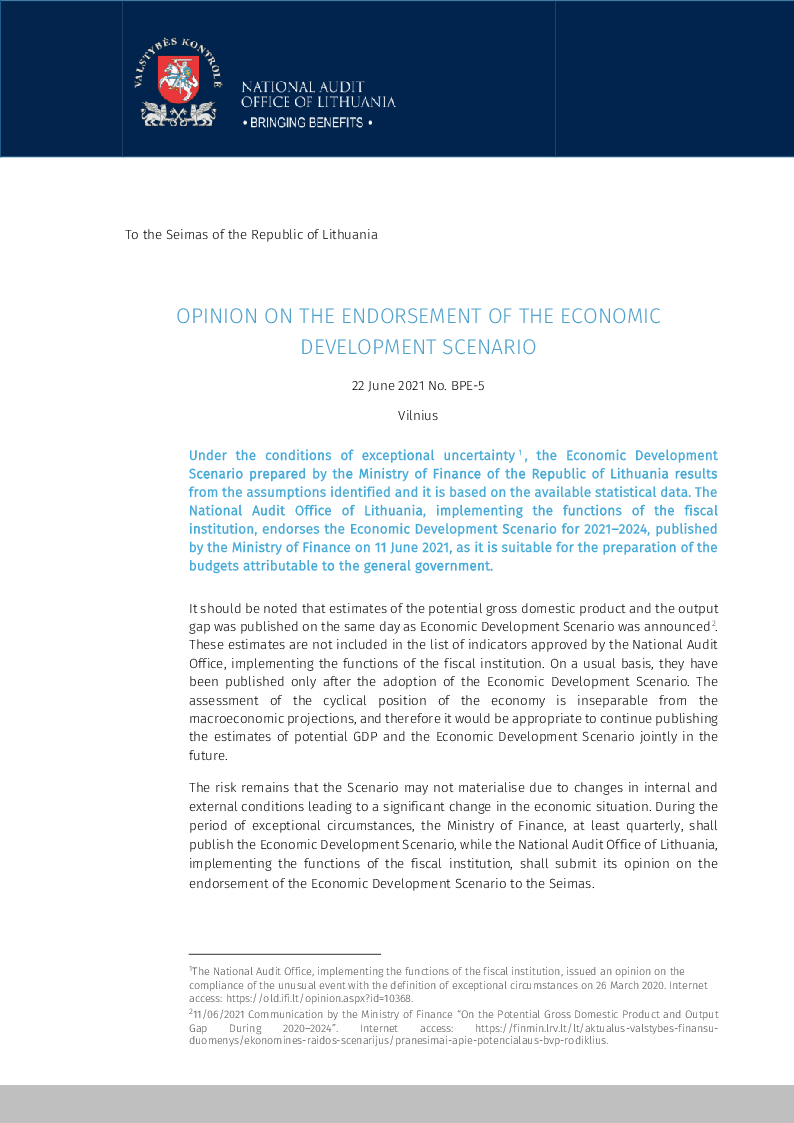Opinion on the Endorsement of the Economic Development Scenario