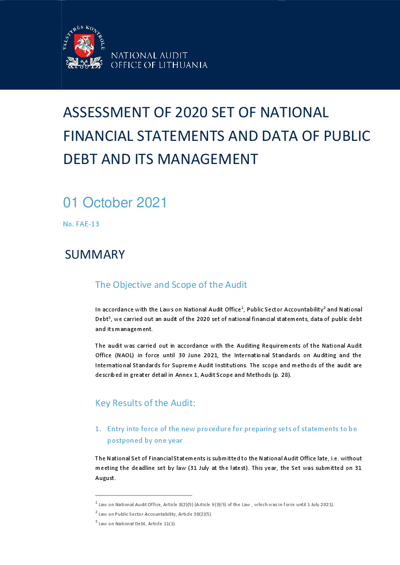Assessment of 2020 set of National financial statements and data on public debt and its management
