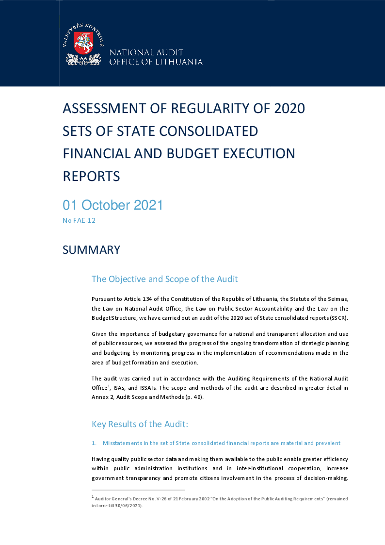 Assessment of regularity of 2020 sets of State consolidated financial and budget execution reports 