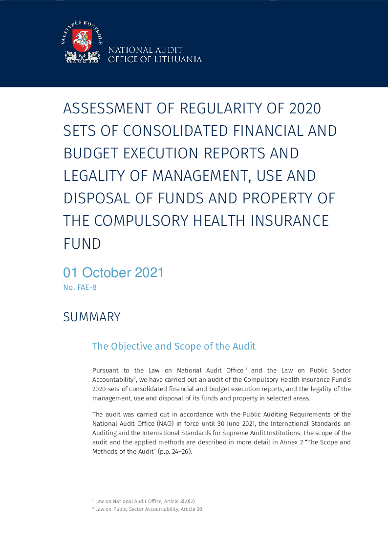 Assessment of Regularity of 2020 sets of consolidated financial and budget execution reports and legality of management, use and disposal of funds and property of the Compulsory Health Insurance Fund