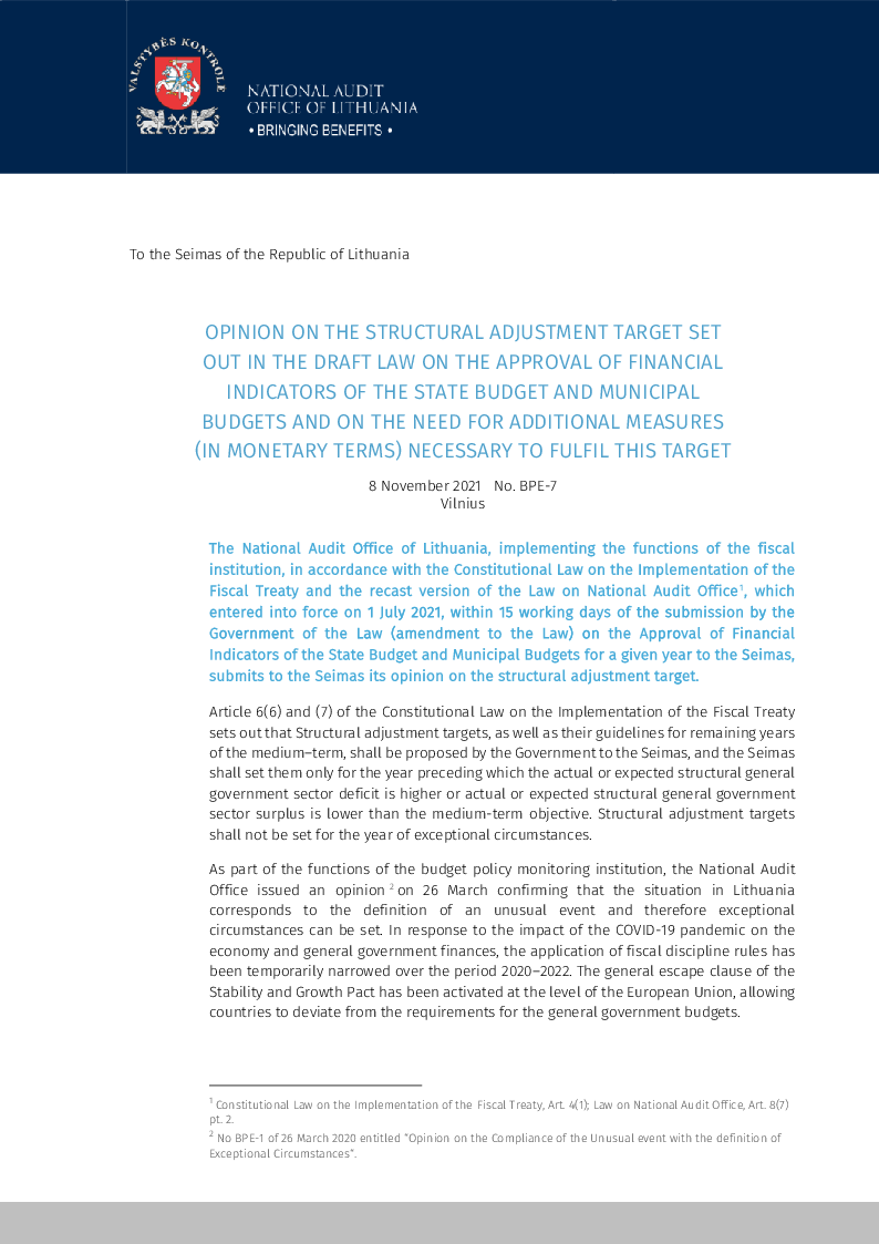 Opinion on the structural adjustment target set out in the draft law on the approval of financial indicators of the state budget and municipal budgets and on the need for additional measures (in monetary terms) to fulfil this target