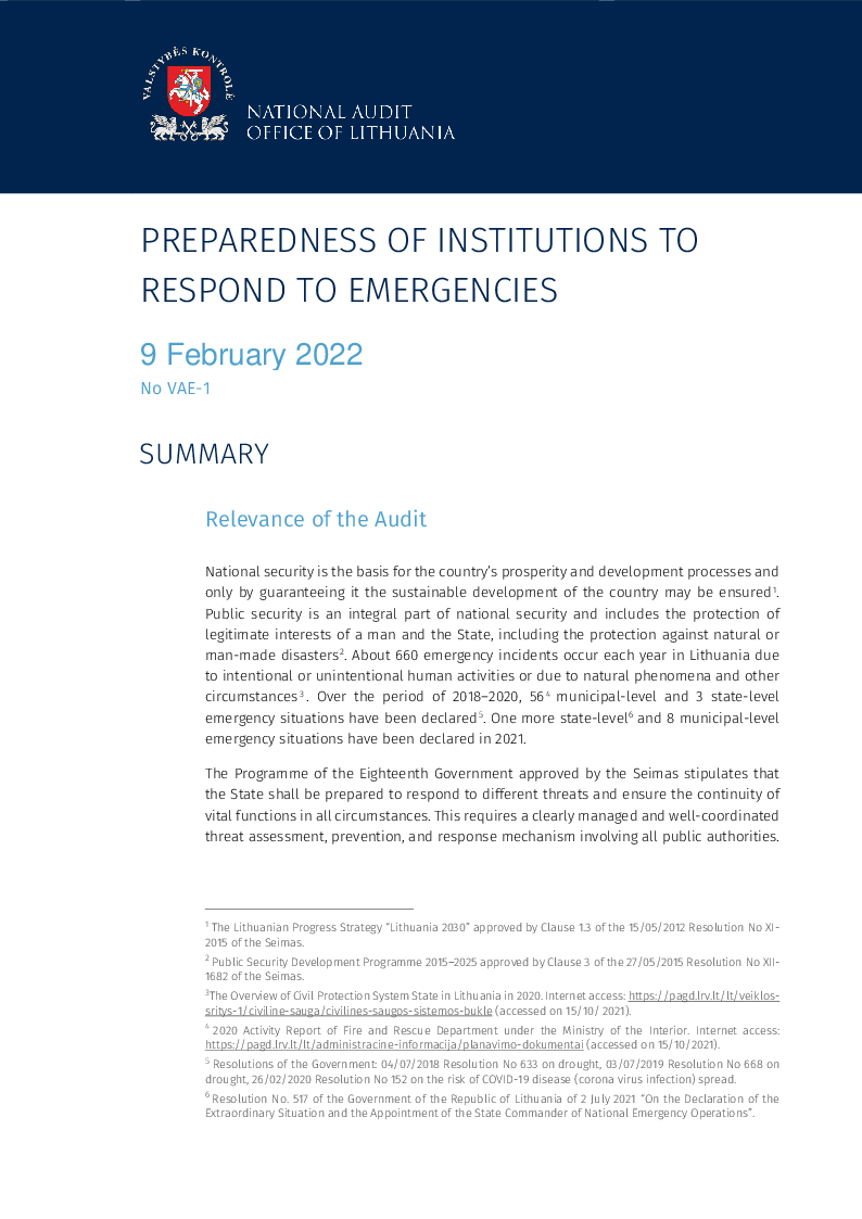 Preparedness of institutions to respond to emergencies