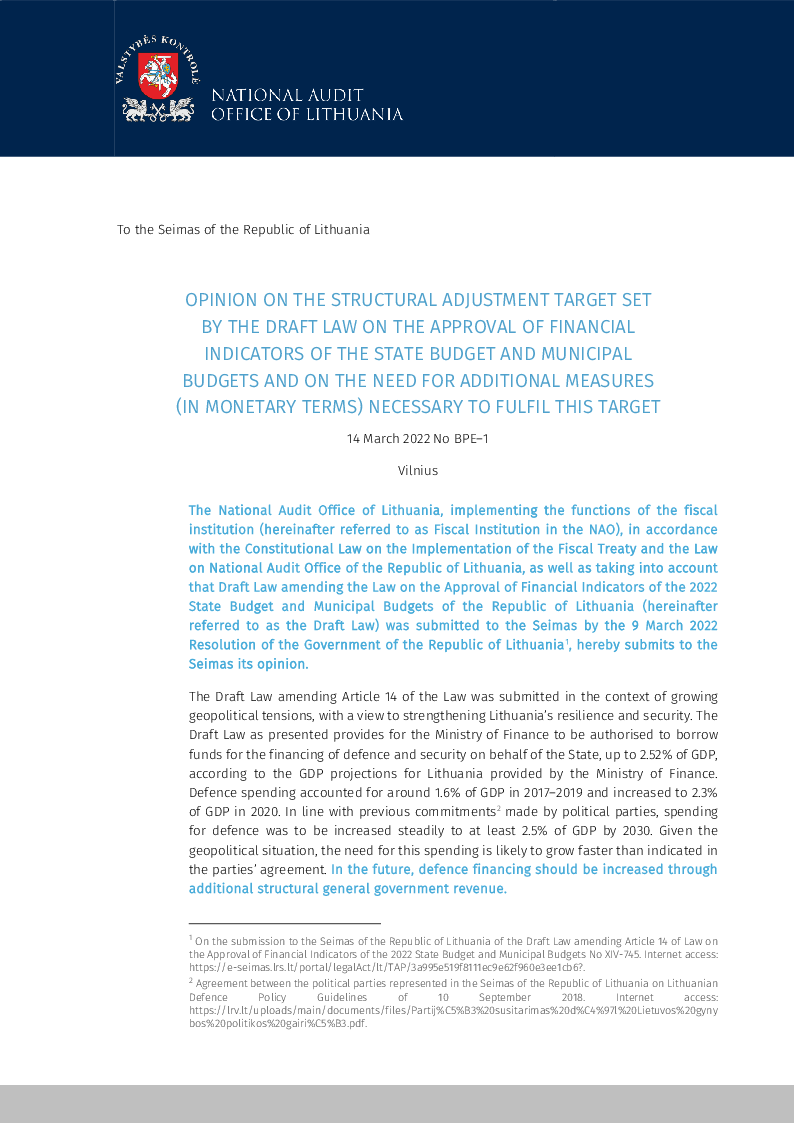 Opinion on the structural adjustment target set out in the draft law on the approval of financial indicators of the state budget and municipal budgets and on the need for additional measures (in monetary terms) to fulfil this target