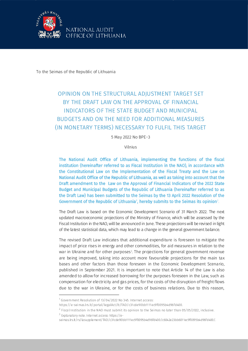 Opinion on the structural adjustment target set by the draft law on the approval of financial indicators of the state budget and municipal budgets and on the need for additional measures (in monetary terms) necessary to fulfil this target