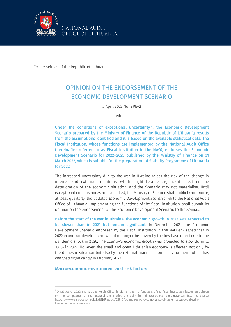 Opinion on the endorsement of the Economic Development Scenario