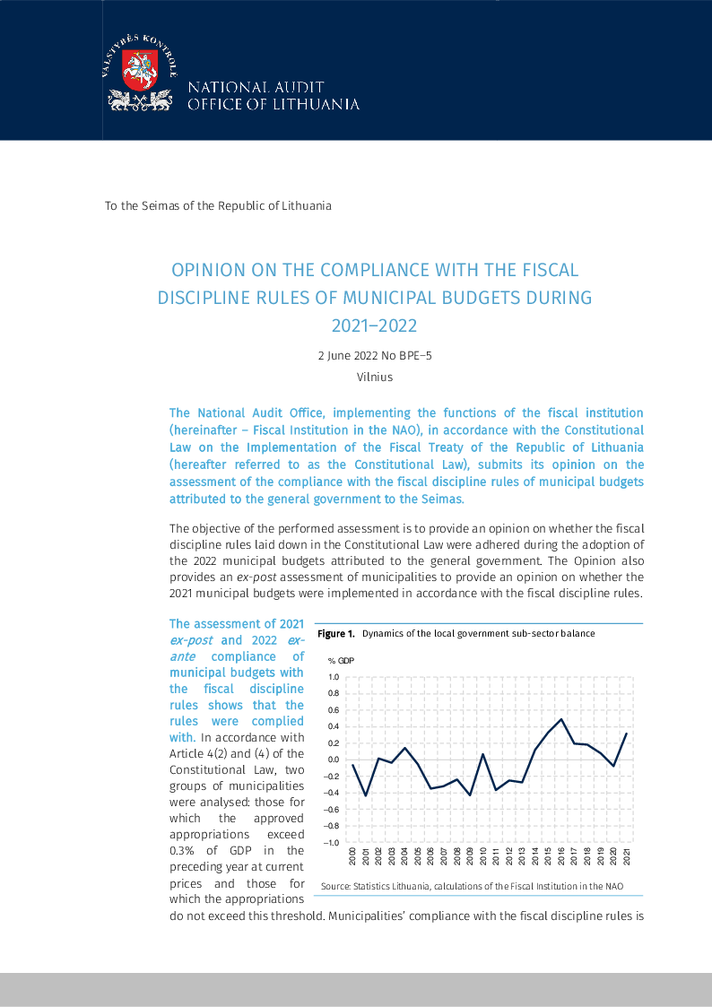 Opinion on the Compliance with the Fiscal Discipline Rules of Municipal Budgets during 2021–2022