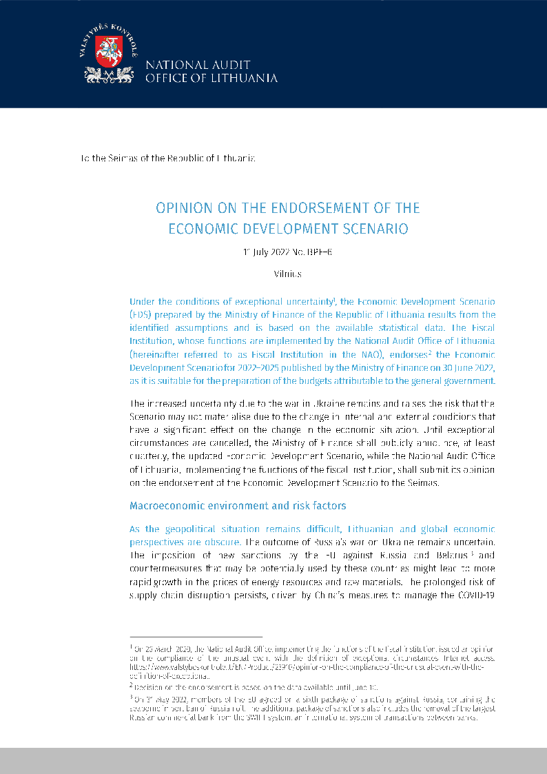 Opinion on the endorsement of the Economic Development Scenario