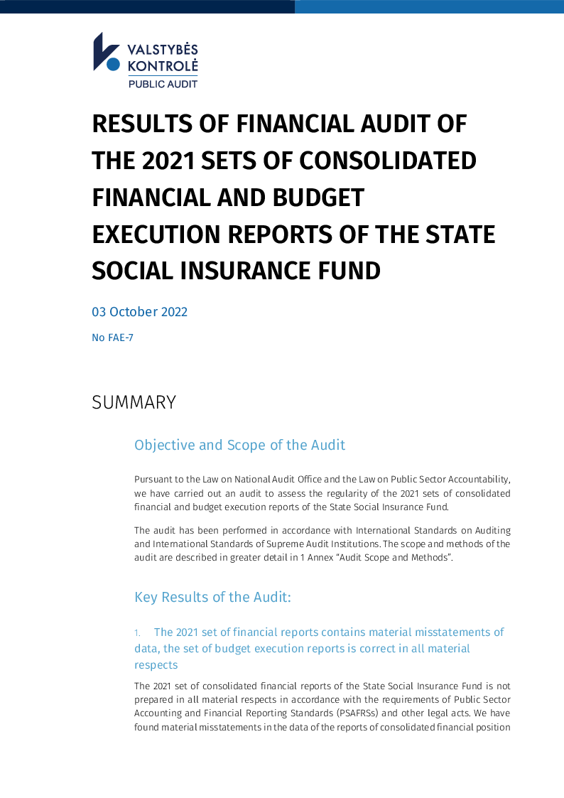 Results of financial audit of the 2021 sets of consolidated financial and budget execution reports of the State Social Insurance Fund